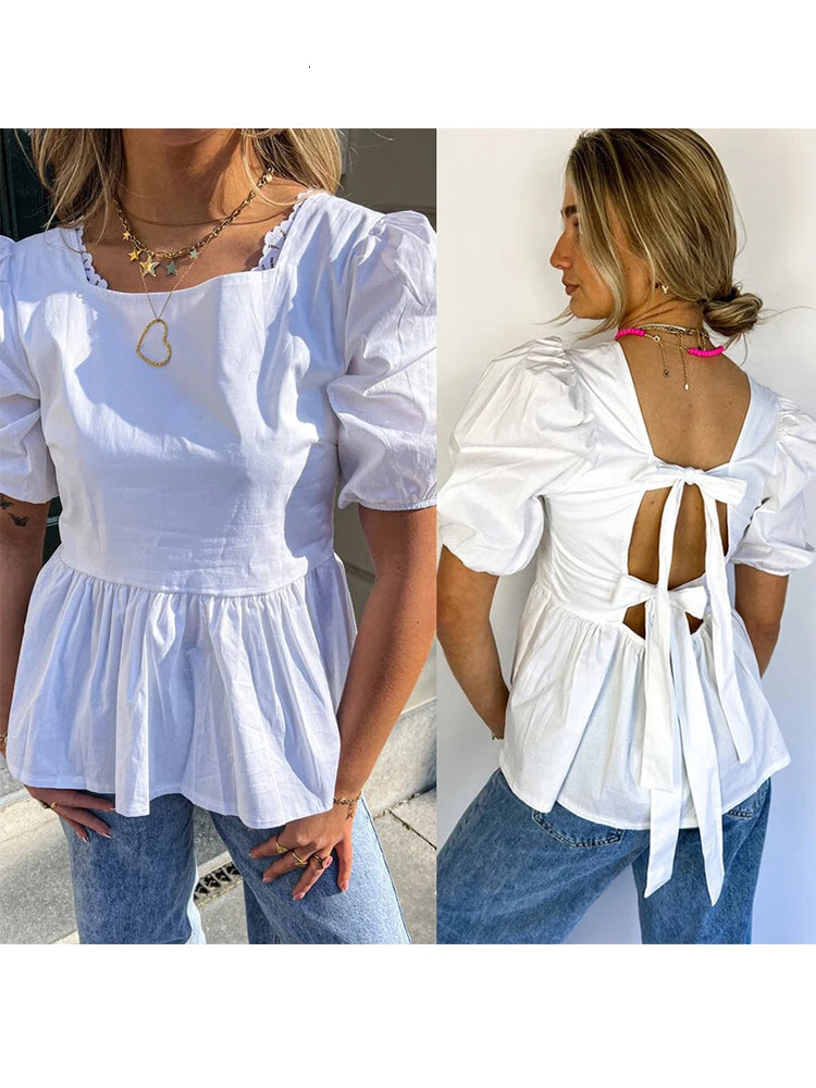 Backless Short Sleeve Shirts For Women Casual Back Lace Up Bow Tops 2025 Spring Summer Fashion Lady Blouse Loose Streetwears 250121