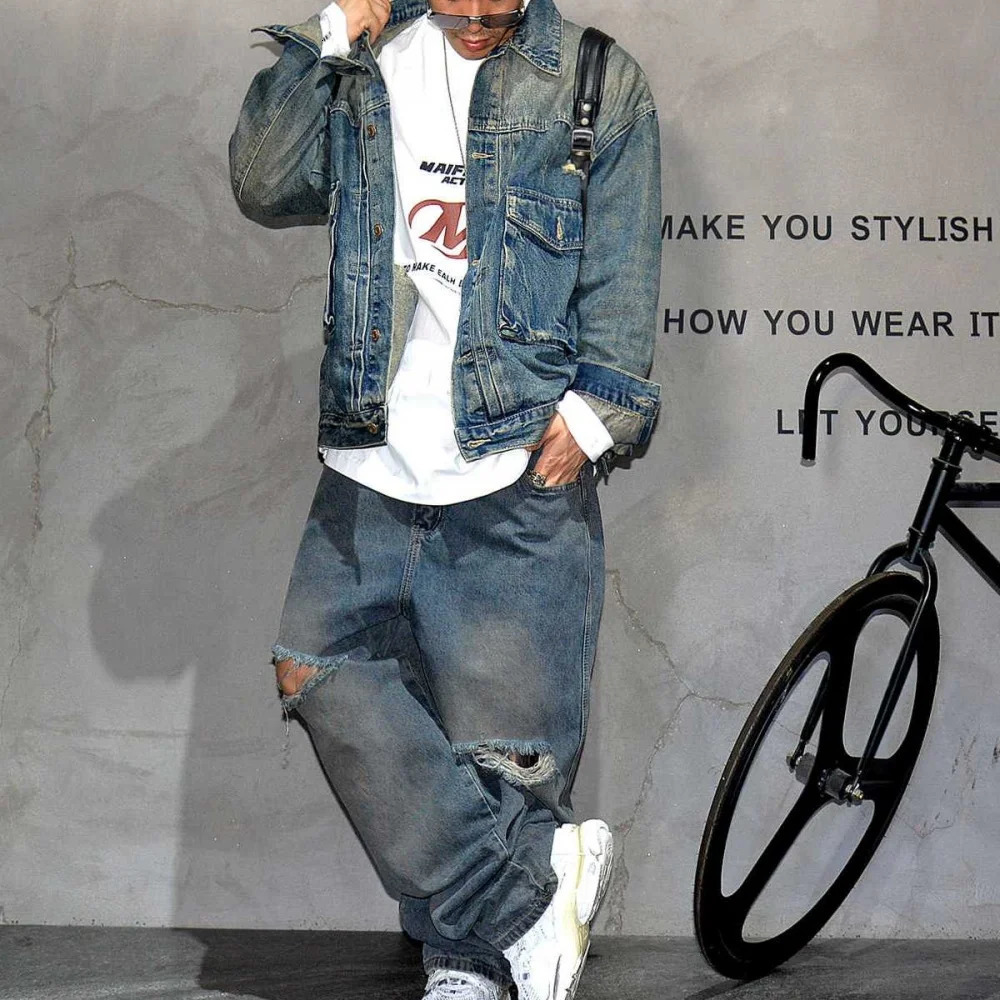 High Quality American Streetwear Denim Jacket Mens Clothing Korean Fashion Hip Hop Jean Loose Distressed Blue Coat Male 250207