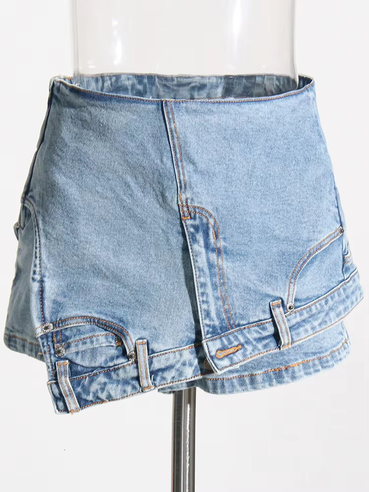 2025 Summer Double Breasted Pocket Women's Irregular Unique Denim Shorts High Waist Splicing Zipper Designer Shorts Women's New Style