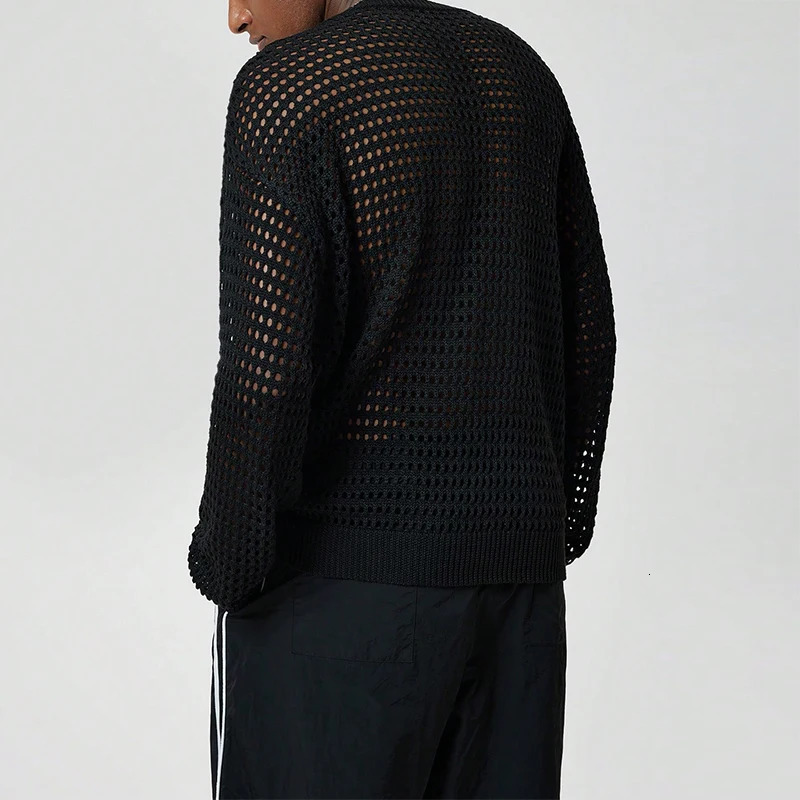 Spring casual mens mesh T-shirt long sleeved staff collar knitted floral top mens retro solid color mesh tee 250207