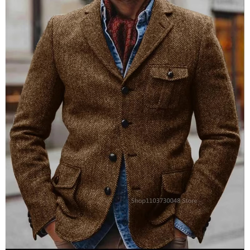 Herringbone Men's Jacket Single Breasted Elegant Casual Slim Stage Suit Jackets Suite For Man New In Suits And Blazers Male Coat