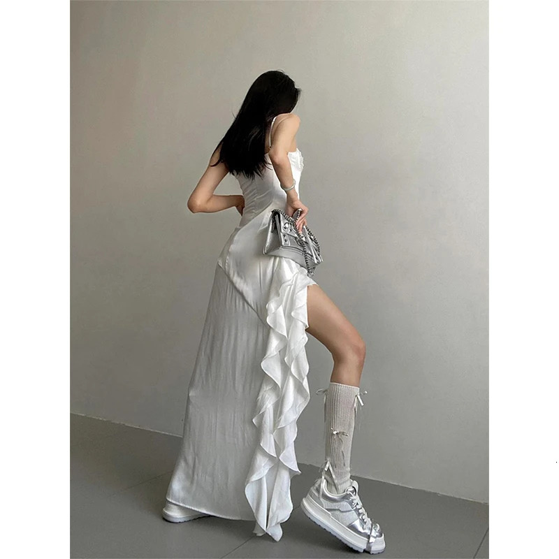 Y2K Irregular Midi Dress Aesthetic Sexy spaghetti Strap Ruffle Summer Korean Fashion Party Bodycon Vestidos 250207