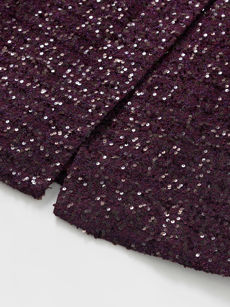 Seasixiang Double Breasted Sequins Tweed Coat For Women Turndown Collar Long Sleeves Feathers Office Lady Outerwear Female 250109Z