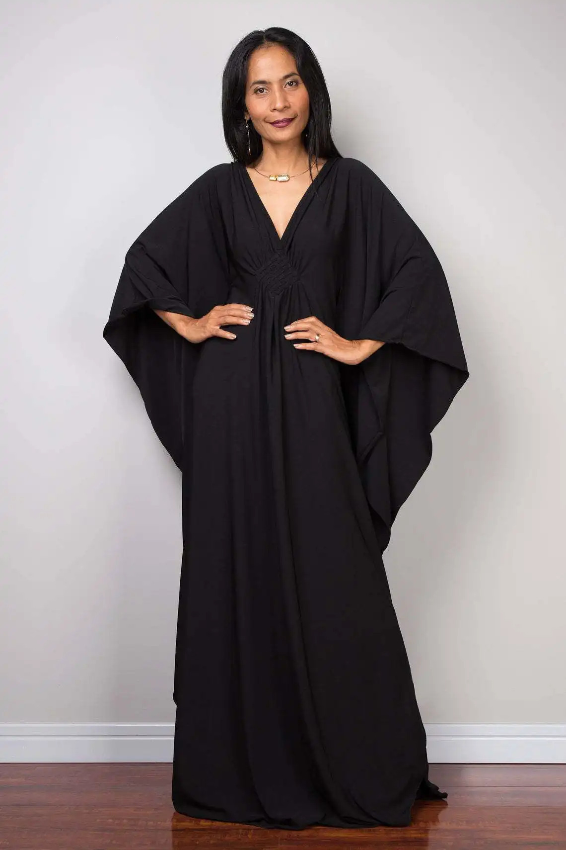Women Solid Color Cover Up V Neck Batwing Sleeve Plus Size Beach Kaftan Dresses caftans loungewear 250208Z