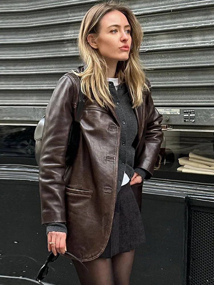 Vintage PU Leather Coat For Women Elegant Turundown Collar Long Sleeve Loose Female Jackets Autumn Locomotive Ladies Outwear 250113