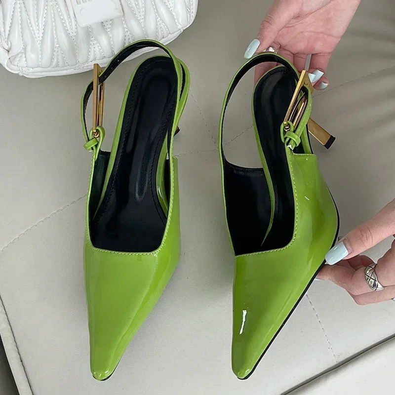 Patent Leather Green Women Pumps Sexy Pointed Toe Metal Buckle Strap Thin High Heels Summer Elegant Slingbacks Heeled Sandals 250207