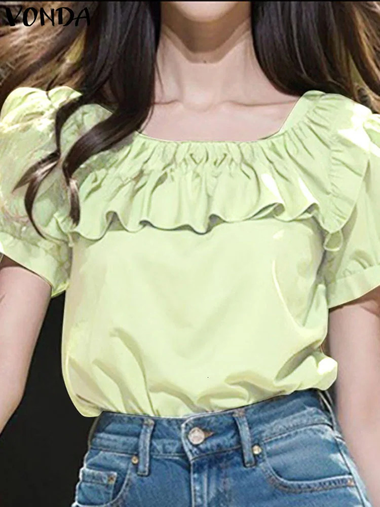 Elegant Women Ruffle Blouse 2024 Fashion Short Sleeve Summer Solid Color Tops Bohemian Shirts VONDA Square Collar OL Blusas 250121
