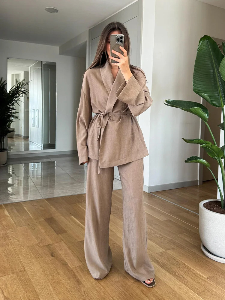TRAF Womens Pants Set Solid Khaki Brushed Long Sleeve Khaki ShirtElastic Waist Wide Leg Pants 250207