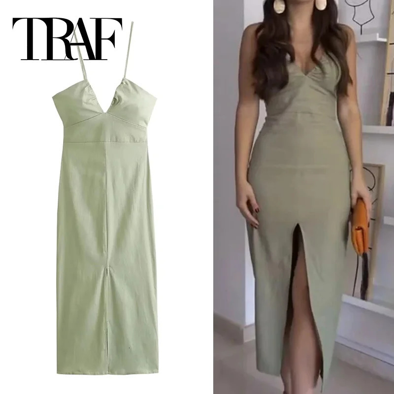 TRAF 2024 Green Slip Midi Dres Sleeveless Backless Summer Sexy Long Dresses Slit Evening Party 250207
