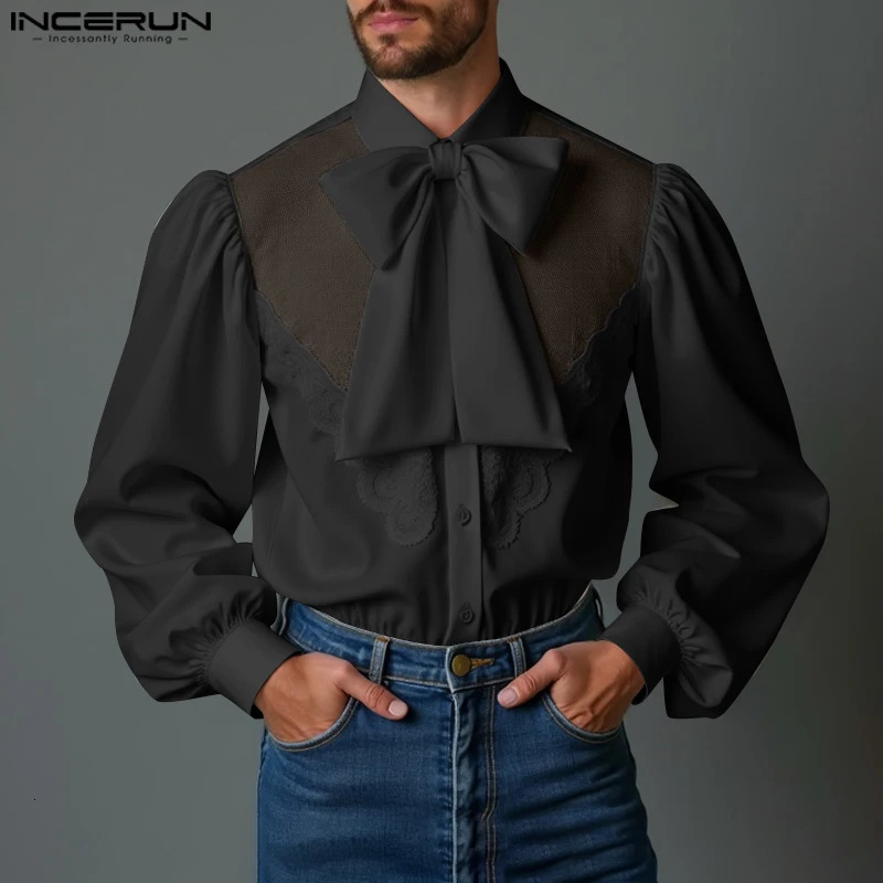 INCERUN Mens French Romance Bow Shirts Casual Loose Stand Collar Tops Handsome Fashion Lacing Splicing Patchwork Top Tunics 250207