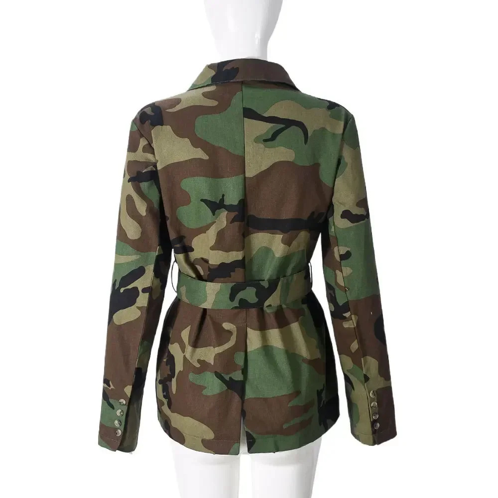 Womens OL Work Long Sleeve Notched Collar Street Trailblazer INS Camouflage Printed Belt Trailblazer Top Street Coat 250207