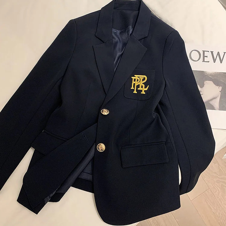 Inner lining letter embroidery premium suit jacket spring UK temperature white womens top black jacket 250207