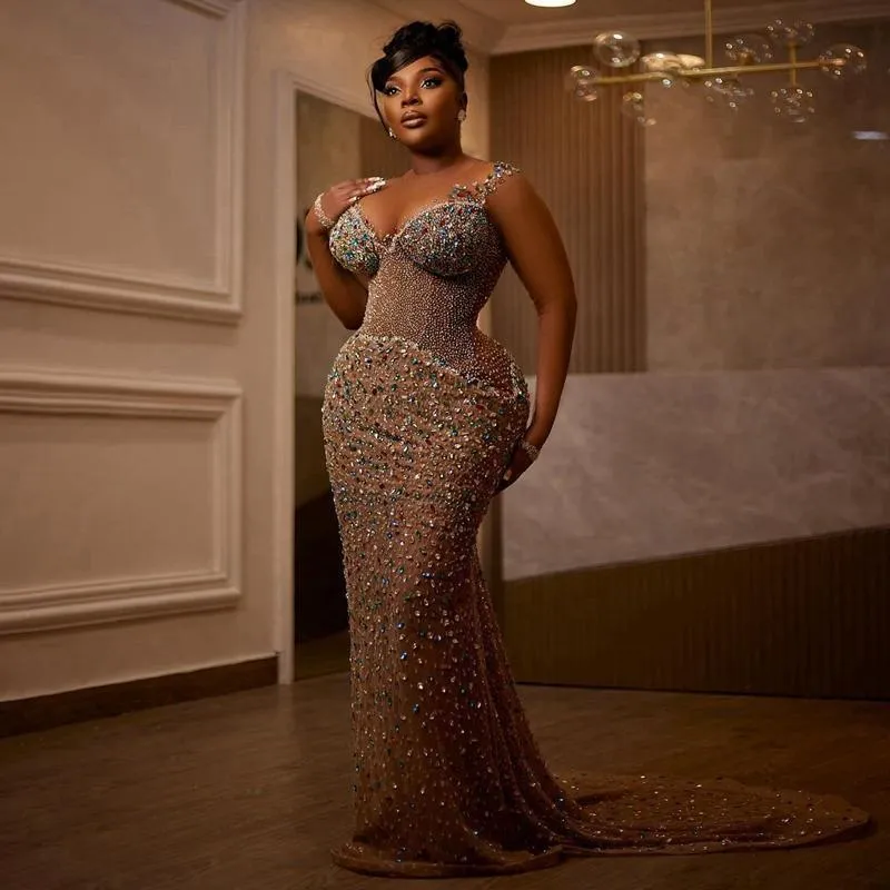 Aso Ebi Illusion Mermaid Prom Dresses 2025 Crystals Beaded urious Evening Formal Party Second Birthday Engagement Gowns Plus Size Dress For Special Oc