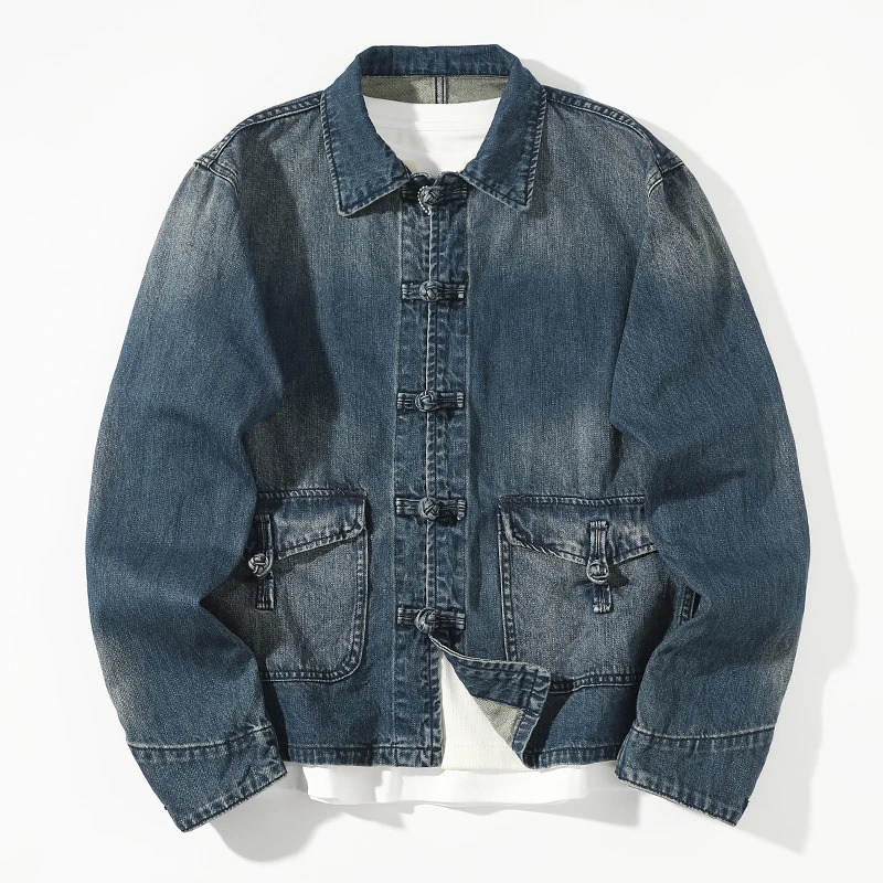 Spring And Autumn Chinese Style Mens Lapel Knot Button Washed Old Denim Jacket Loose Fashion 100% Cotton Casual Coat 250207