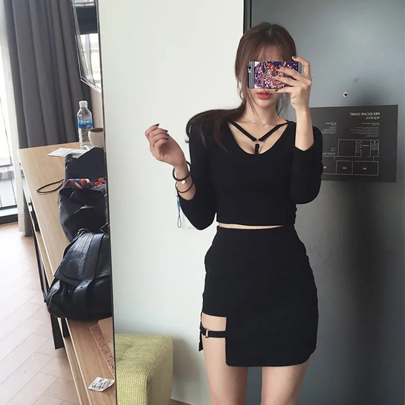Korean Style Black Package Hip Skirts Irregular Hem Pencil Micro Mini Skirt Sexy Slim Women Party 250208Z