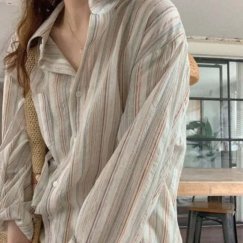 2024 Vintage Striped Shirt Korean Fashion Simple Long Sleeve Turn Down Collar Blouse Office Lady Casual Loose Thin Tops 250208Z