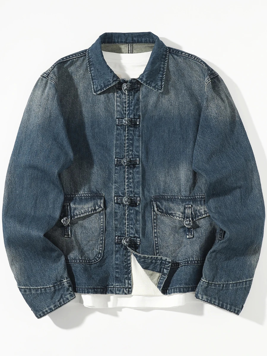Spring And Autumn Chinese Style Mens Lapel Knot Button Washed Old Denim Jacket Loose Fashion 100% Cotton Casual Coat 250207