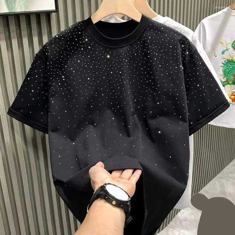 Men's T Shirts Summer Couple T-shirt Rhinestone Decor Round Neck Short Sleeves Men Top Loose Pullover Solid Color Mid Length Unisex Shirt
