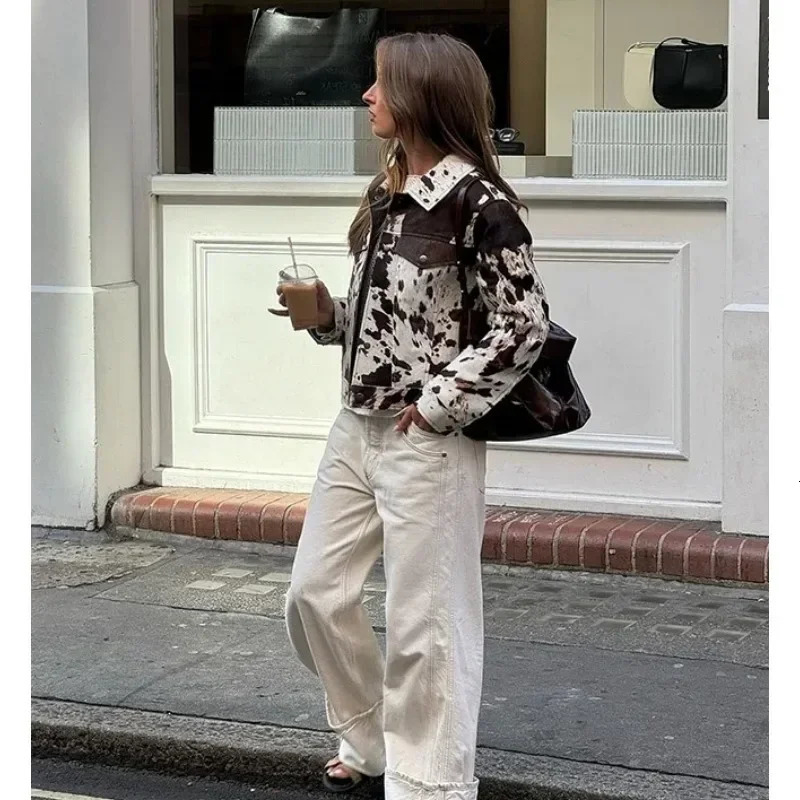 Fashion zipper spotted printed short jacket for womens casual long sleeved button pocket jacket autumn womens street jacket 250207