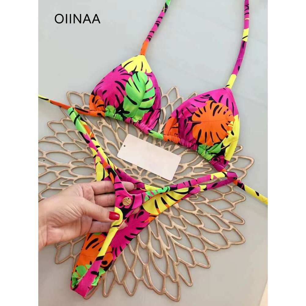 OIINAA Bikini Set Women Swimsuit Two-pieces Thongs Chic Printed Summer 2025 Fashion Swimwear Bathing Suit Beachwear