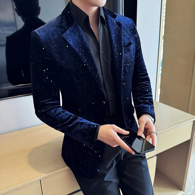 2024 Autumn Velvet Jacket Mens Blazer Business Fashion Stamping Printed Suit Highquality Dress 250208Z