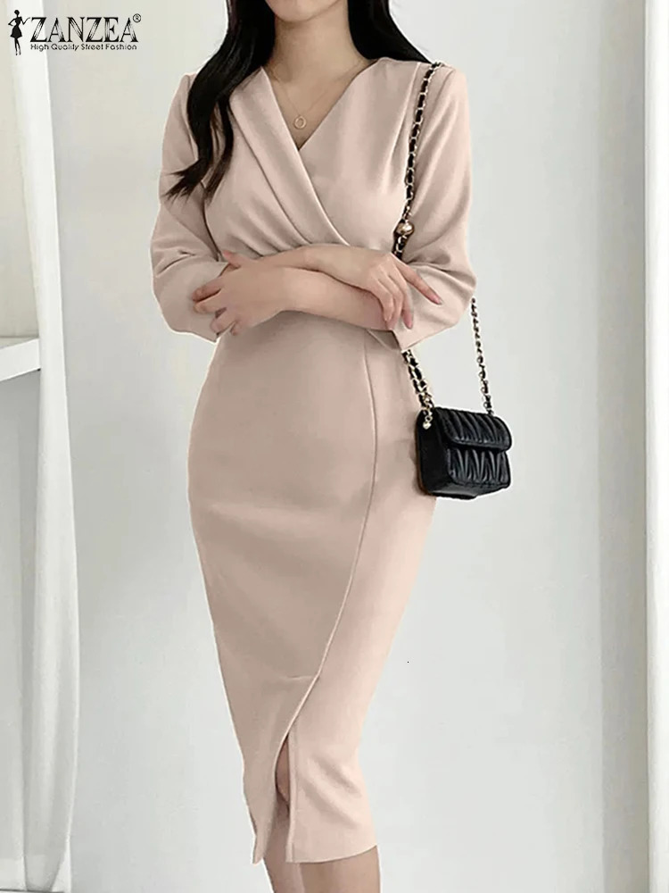 ZANZEA Women Korean Fashion OL Dresses 34 Sleeve Sexy Solid Color Slim Fit Midi Dress 2024 Elegant V Neck Party 250207
