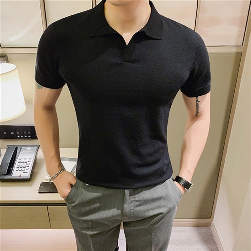 Men Ice Silk Openwork Knitting Lapel Short Sleeve Mens Polo Shirt Slim Polo Shirt Mens Polo Shirts with Short Sleeve H134 250208