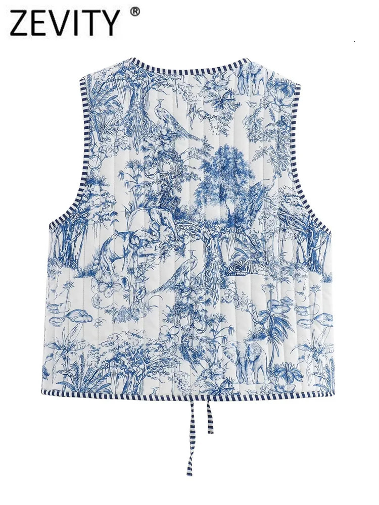 Zevity Women National Style Sleeveless Patchwork Floral Print Quilted Vest Jacket Ladies Lace Up WaistCoat Chic Crop Tops CT6267 250207