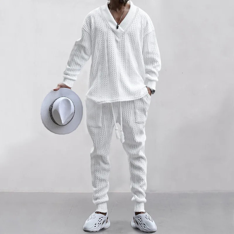 Male Beach Set Quick Dry Hawaiian Casual Pants V-neck All Matching Jacquard Knit Mens Suit Solid Color Long-Sleeved TopPants 250208