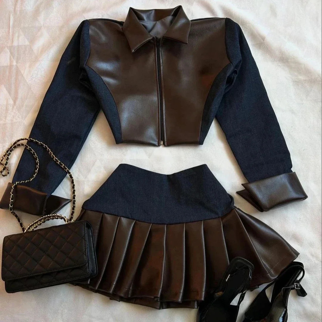 Y2K Denim Leather Splicing Two Piece Set Goth Zipper Long Sleeved Jacket Harajuku tie Pleated Skirt Autumn Suit 250206