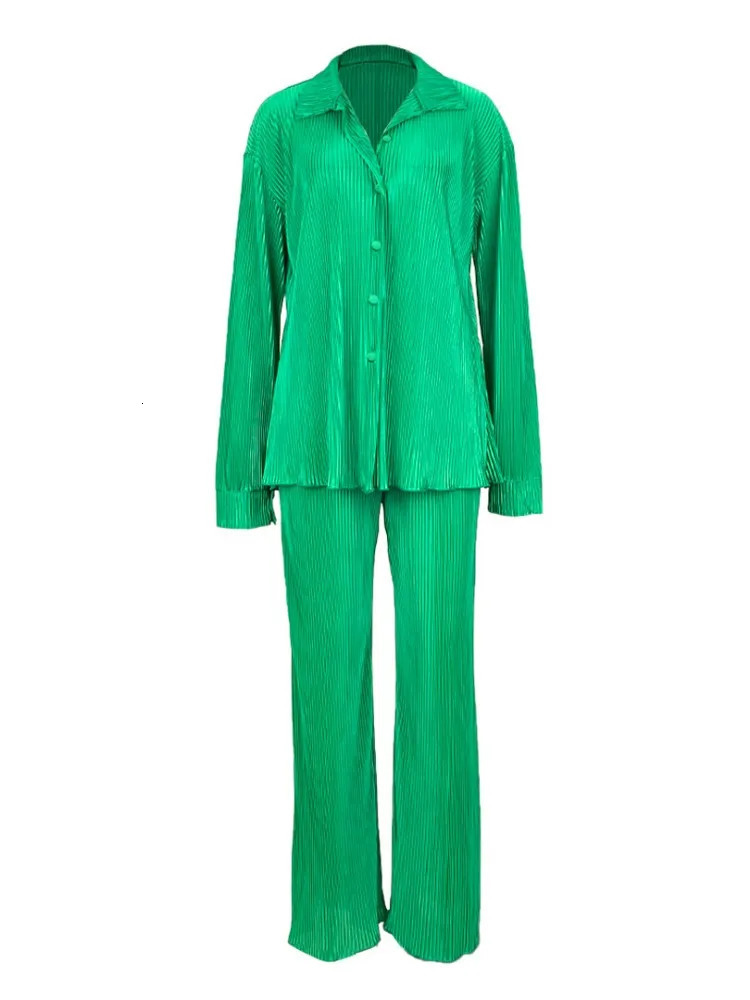 QFAF Fashion Pleated Womens Set Long Sleeve Oversized Shirt and Wide Leg Pants Elegant Tracksuit Two 2 Piece Set Outfits 250207