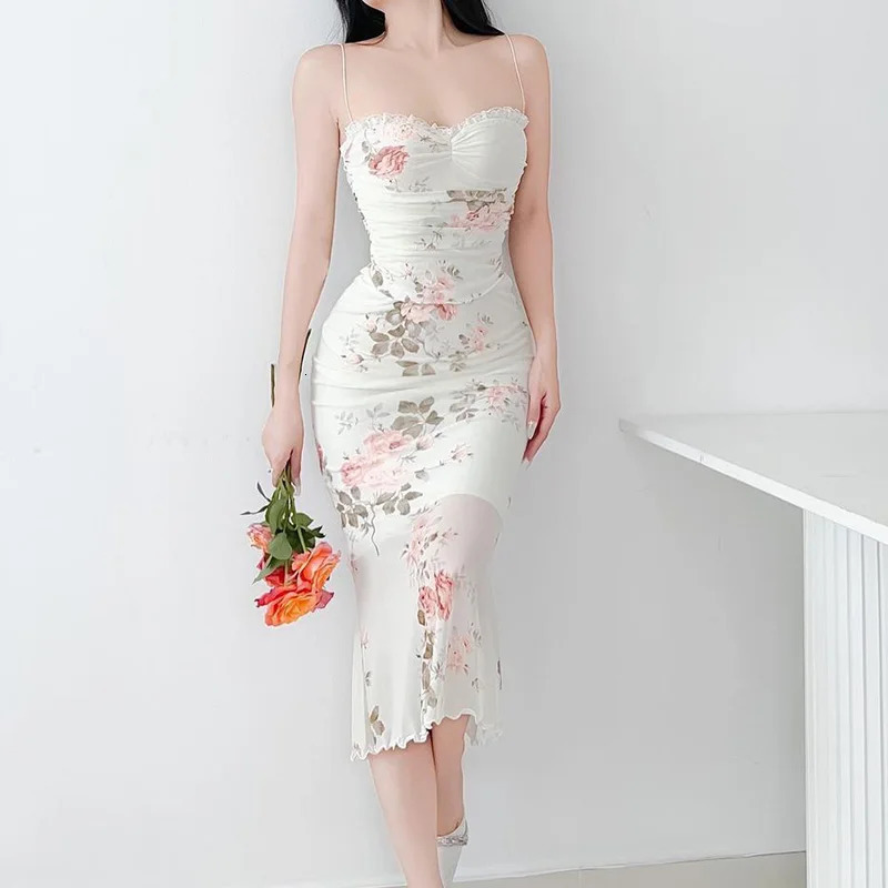 Womens Elegant Dress 2024 European and American Halter Pure Desire Printed Model Sexy Spicy Girl Style Midi Long 250207