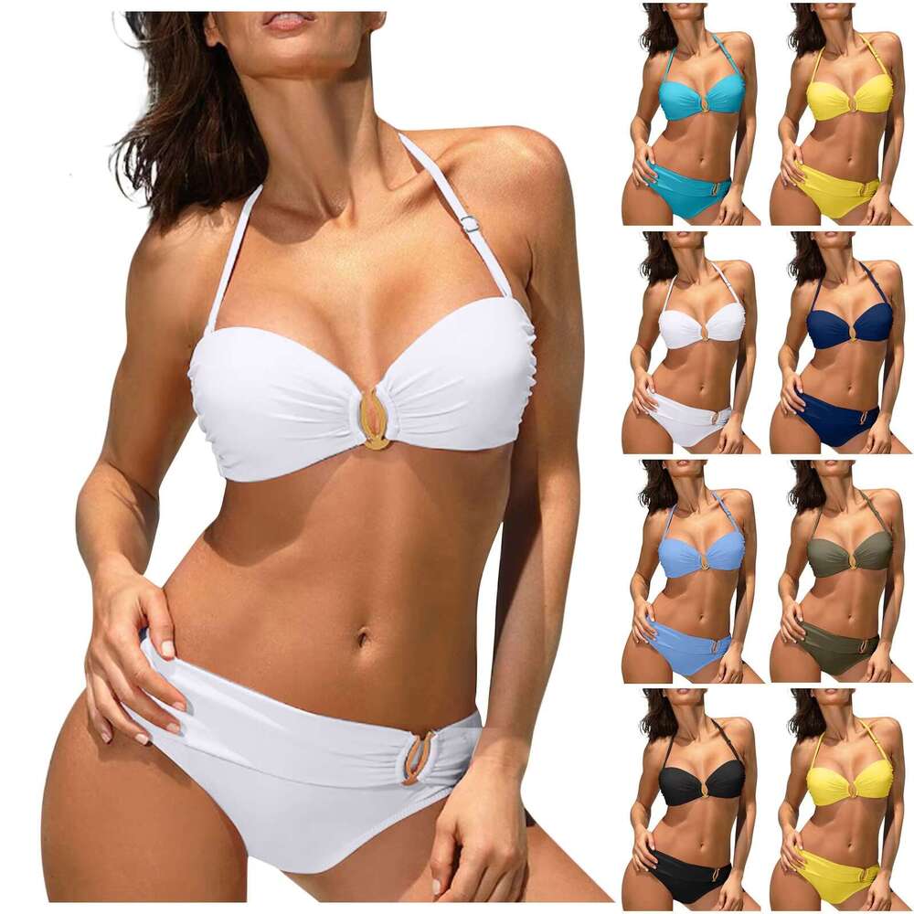 Fashion Women'S Split Swimsuit Sexy Neck Strap Backless Bandeau Tops Low Waist Briefs Set Adjustable Comfy Solid Beachwear