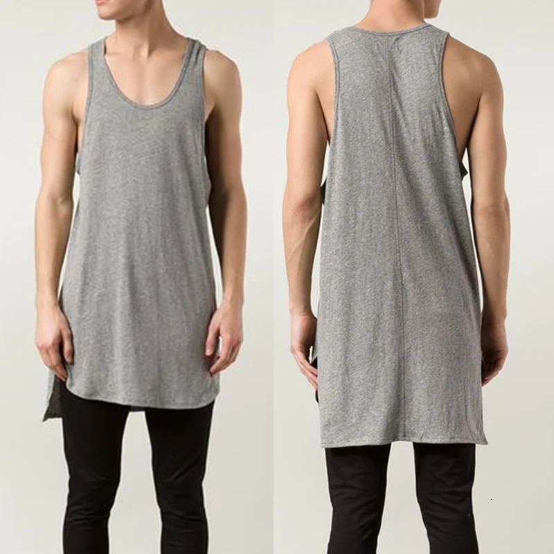 Summer men women cotton long tank top side split street hip hop undershirt black white gray casual sleeveless shirt gym vest 250207