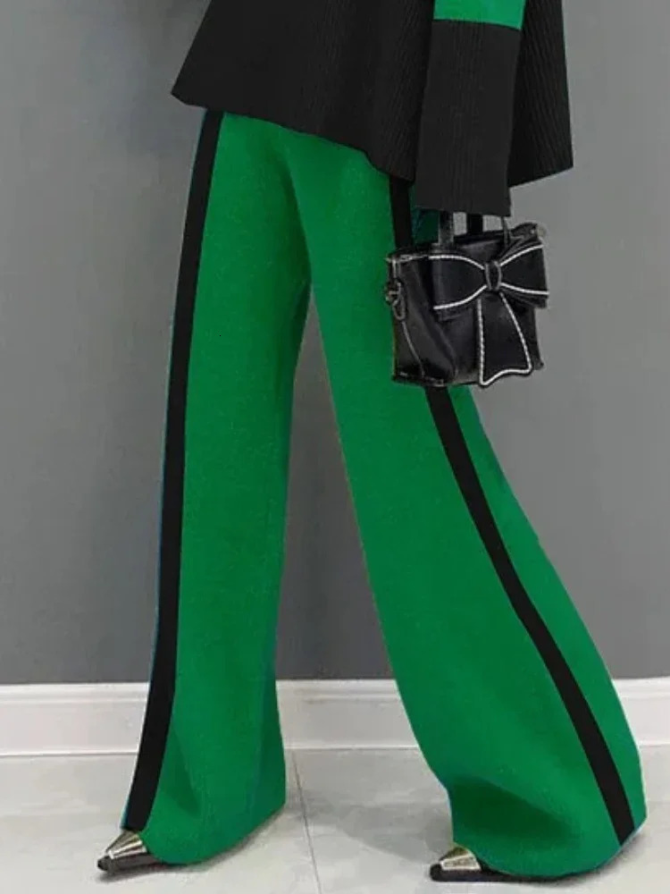 Beautyblue Green Womens Pants Autumn High Waisted Trousers Casual Loose Contrast Color Fashion Ladies Straight Sweatpants 250109
