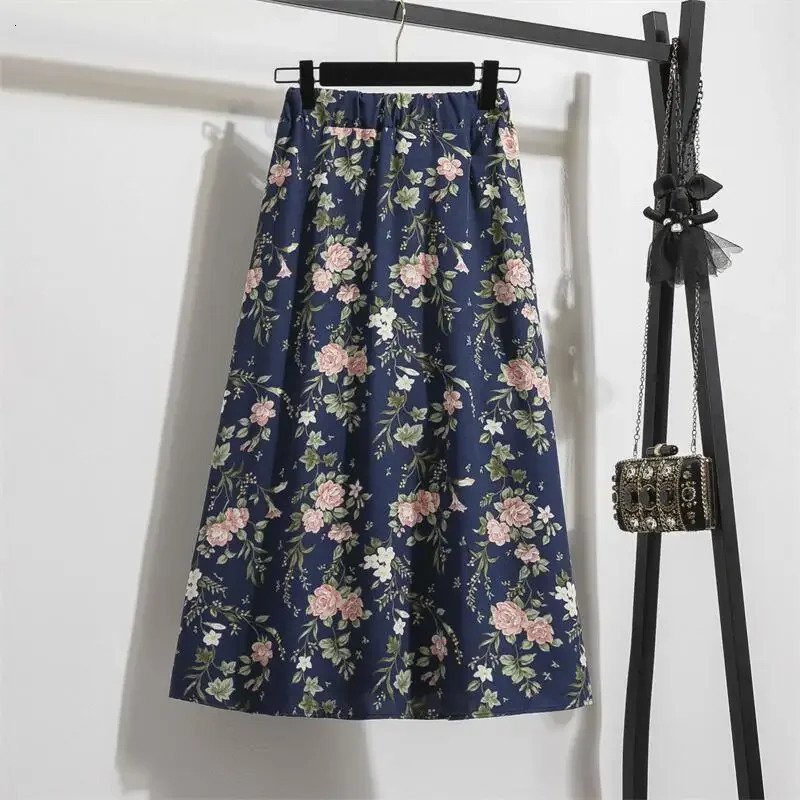 Spring Summer Chiffon Women skirts Casual Floral Printed Woman Long Elastic Waist Female Loose extended Skirt 250208Z