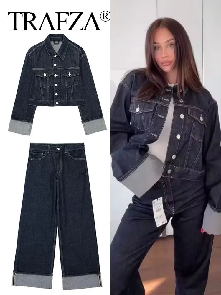 TRAFZA Autumn Womens Retro Denim Set Long Sleeve Single Chest Collar CoatHigh Waist Wide Leg Jeans Street Fashion Set 250207