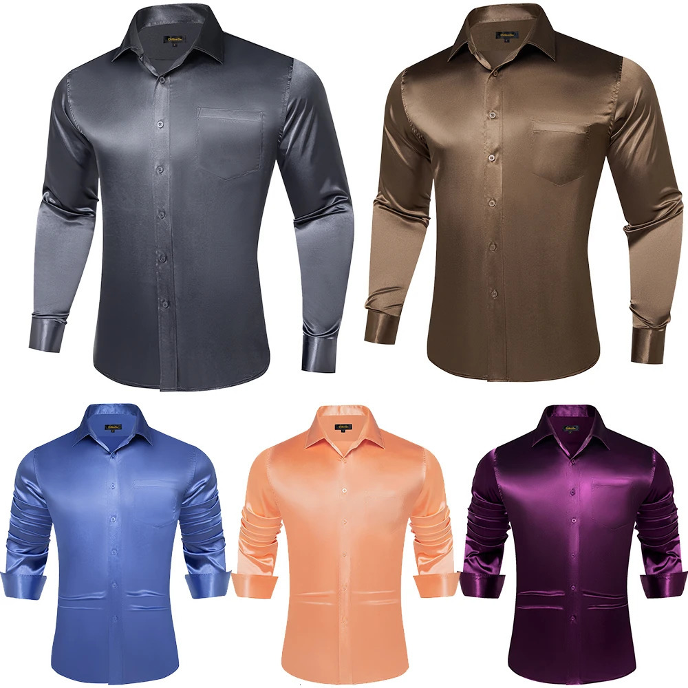 Silk Satin Mens Long Sleeve Shirt Dark Grey Brown Orange Purple Solid Color Button Down Collar Dress Shirt for Party 250207