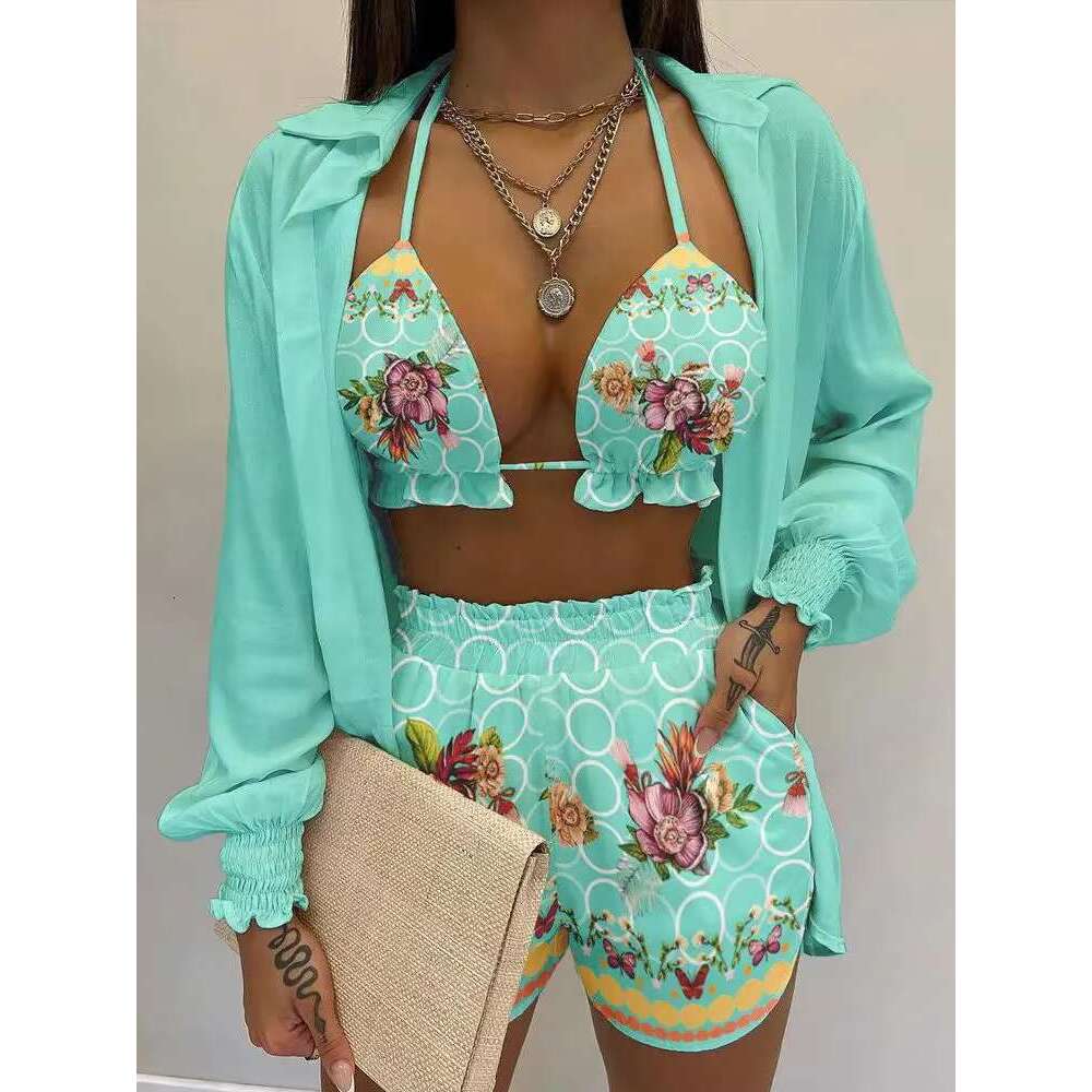 New Green Print High Waist Bikini Sets Swimsuit Women Sexy Lace Up Three Pieces Swimwear Beachwear For Bathing Suit