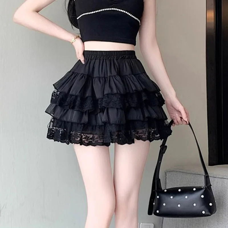 Elastic Gothic Lace Tutu Skirt Women Black Mesh Detail Petticoat Sexy Mini Tulle Skirts Party Club Wear Dancer 250208Z
