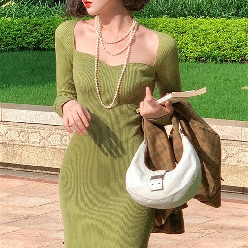 Croysier Dresses For Women Sexy Strapless Ribbed Knitted Bodycon Dres Winter Long Sleeve Midi Sweater Dress Clothes 250207