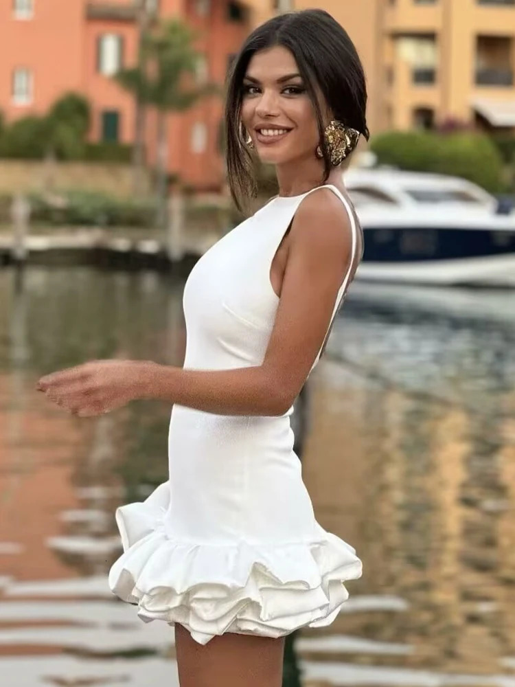 TRAF White Short Dress Ruffle Backless Party Dresses Black Red Sleeveless Bodycon Mini Woman Summer Sexy 250208