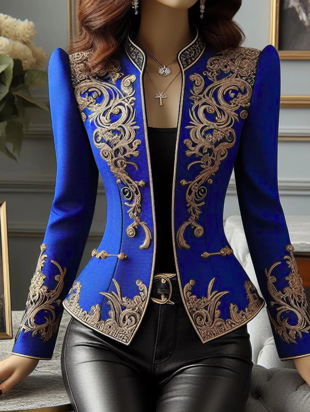 Elegant Chic Jacket Women Vintage Floral Stand Collar Slim Waist Asymmetric Loose Long Sleeves Tops Blazers Coats 250207