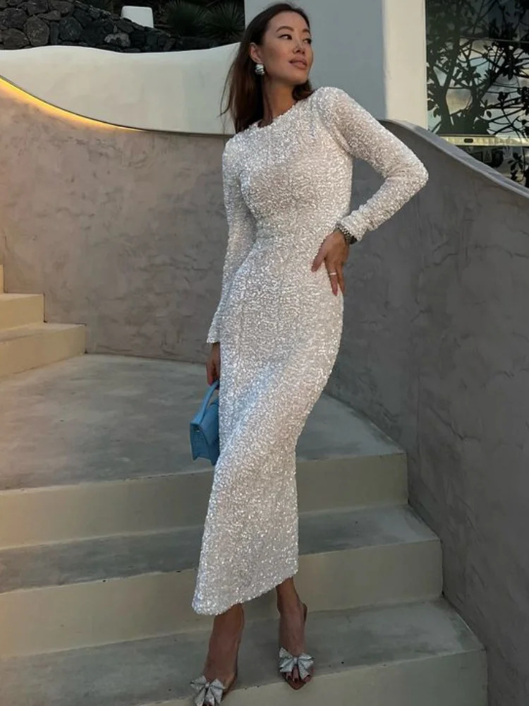 Elegant Sequined Solid Women Dresses Full Sleeve O Neck Lady Maxi Dress Fashion Sexy Party Evening Straight Female Vestidos 250208