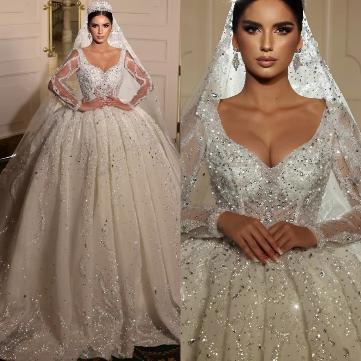 V-Neck Long Sleeve Ball Wedding Dress with Sequins & Appliques - Sweep Train, Custom Made Bridal Gown