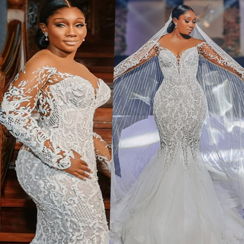 2025 Plus Size Aso Ebi Mermaid Wedding Dress Bridal Gowns Illusion Sheer Neck Long Sleeves Beaded Lace Tulle Dress For African Arabic Nigeria Black Wo