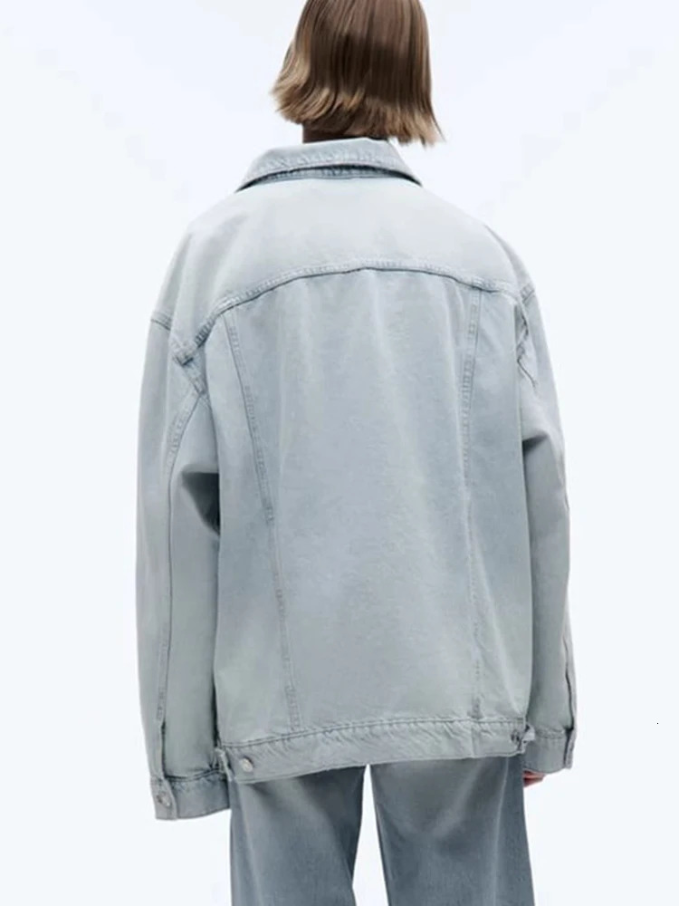 TRAF Womens Fashion Vintage Washed Denim Jacket Single Breasted Long Sleeve Lapel Jacket Hundreds of Bottom Denim Shirt Jacket 250122