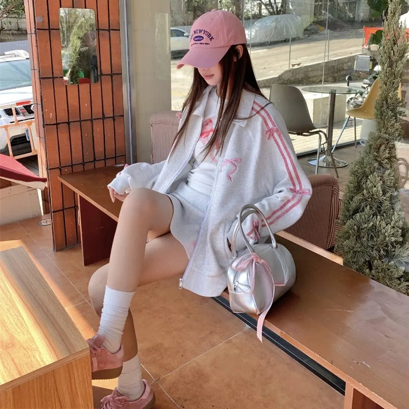 Korean Y2k Ins Sweet Bow n Patchwork Embroidery Sports Style Overcoat A-line Skirt Short Skirt Spring Two-piece Set 250116