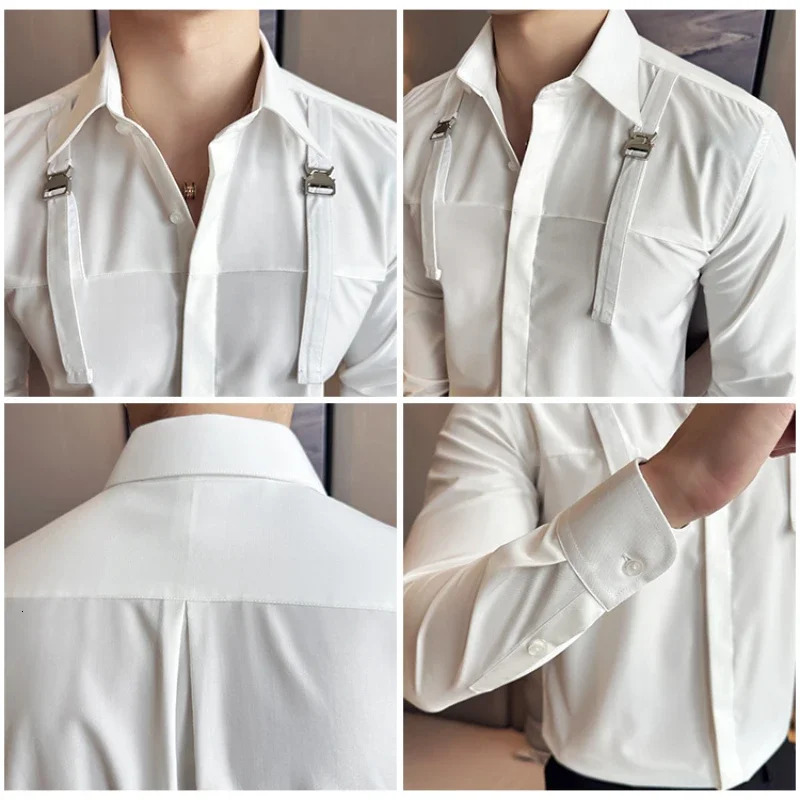 Slim Fit Mens Suspenders Shirt Mens Long Sleeve Shirt Stage Performance Costume M-3XL Personalized stretch Shirt. 250207