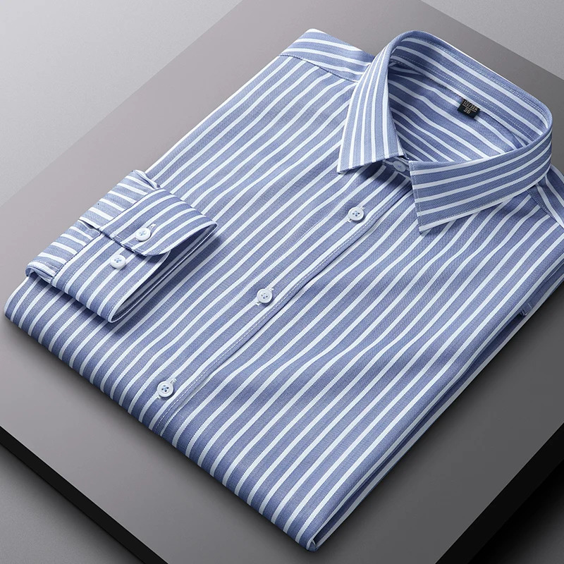 Mens business striped slightly elastic slim-fit fashionable casual comfortable handsome long-sleeved shirt classic formal wear 250207